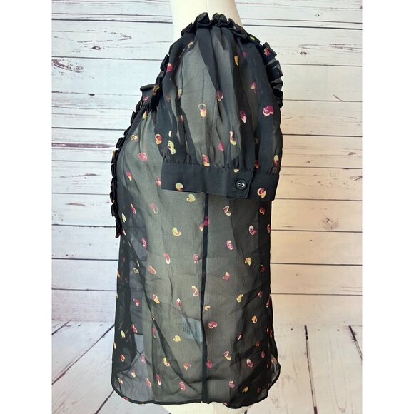 ModCloth Blouse Prairie‎ Shirt Short Sleeve Sheer Button Front Puff Sleeve Small - Picture 4 of 12